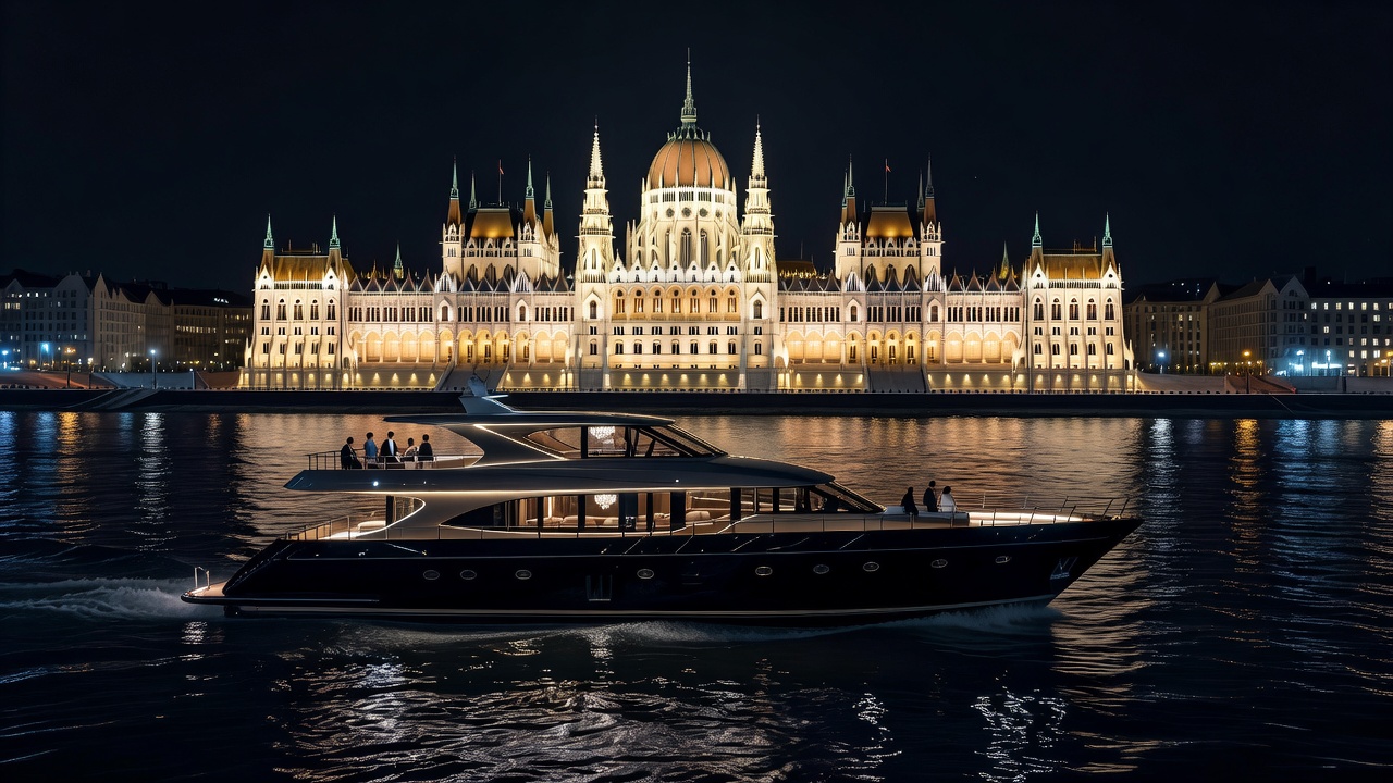 Private luxury yacht cruising past illuminated Budapest Parliament at night